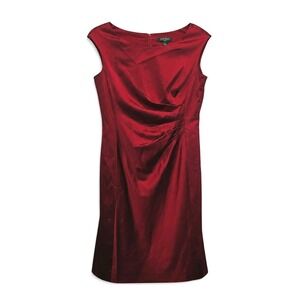 Lauren Ralph Lauren Red Dress 8 Lined Ruched Sheath Satin Cocktail Knee Length